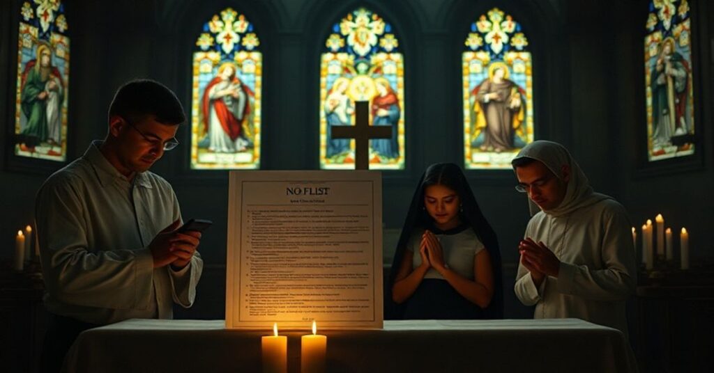 Tradycyjna katolicka rodzina modli się w kościele wraz z dokumentem listy zakazów lotów jako symbolu politycznej represji