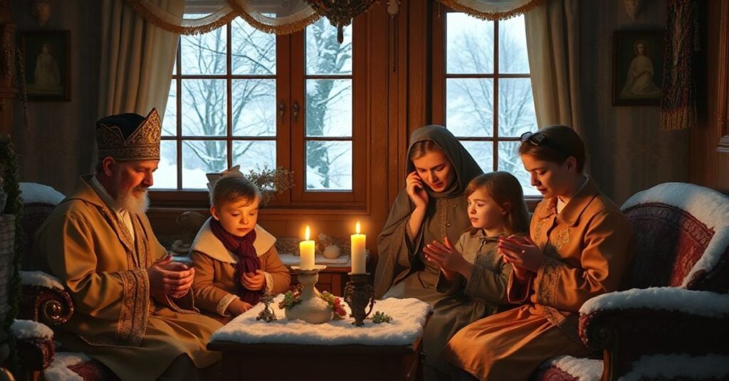 Tradycyjna katolicka rodzina modli się razem w zimowym domu z symbolami liturgicznymi.