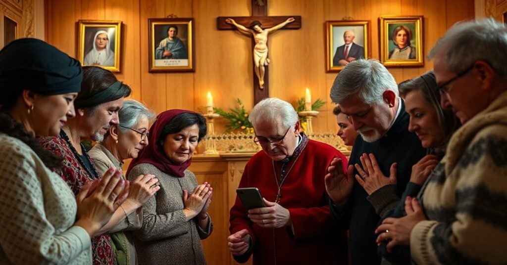 Rodzina katolicka modli się z babcią i dziadkiem w tradycyjnych strojach, z krzyżem i zdjęciami rodzinnych w tle.