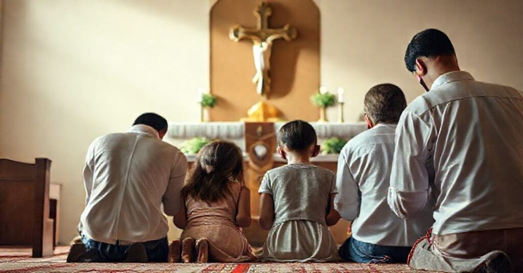 Rodzina katolicka modli się przed tradycyjnym ołtarzem podczas walki z ideologią gender w szkołach