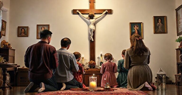 Tradycyjna katolicka rodzina modli się przed krucyfiksem w domu wypełnionym symbolami wiary.