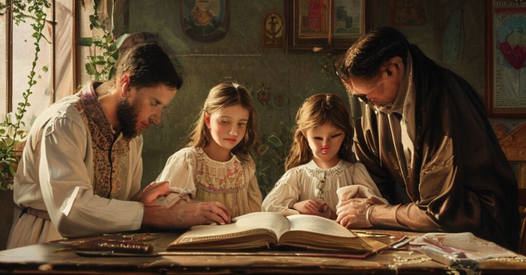 Rodzina katolicka modli się razem w domu z ikonami religijnymi i Biblią otwartą na stole.