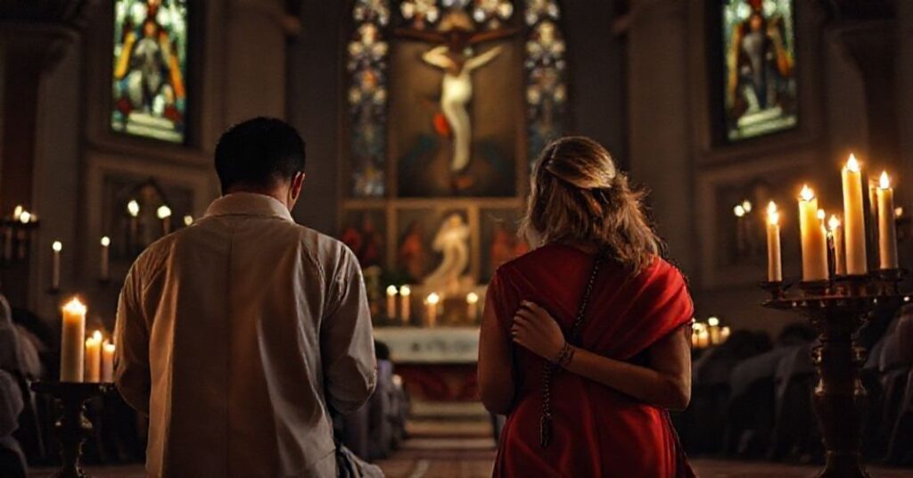 Katolicka rodzina modli się w kościele przy tradycyjnym ołtarzu z obrazami Jezusa Ukrzyżowanego i Matki Boskiej.