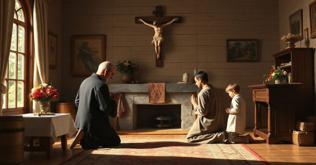 Poważna scena rodziny katolickiej w tradycyjnym domu z ojcem modlącym się z synami i krzyżem na ścianie