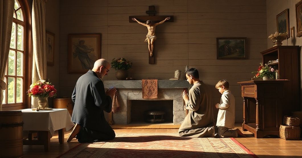 Kulturalna herezja: literatura jako zastępstwo wiary Poważna scena rodziny katolickiej w tradycyjnym domu z ojcem modlącym się z synami i krzyżem na ścianie