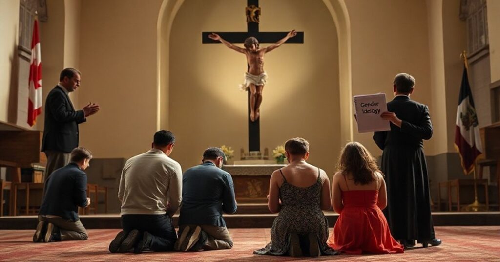 Rodzina katolicka modli się przed krzyżem z tęsknotą i obawą o przyszłość dzieci w obliczu ideologii gender.