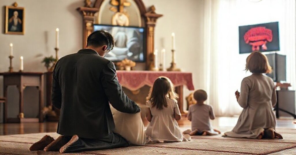 Katolicka rodzina modląca się przy ołtarzu domowym w kontrastu z sekularyzacją popkultury