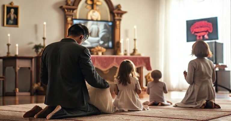 Katolicka rodzina modląca się przy ołtarzu domowym w kontrastu z sekularyzacją popkultury