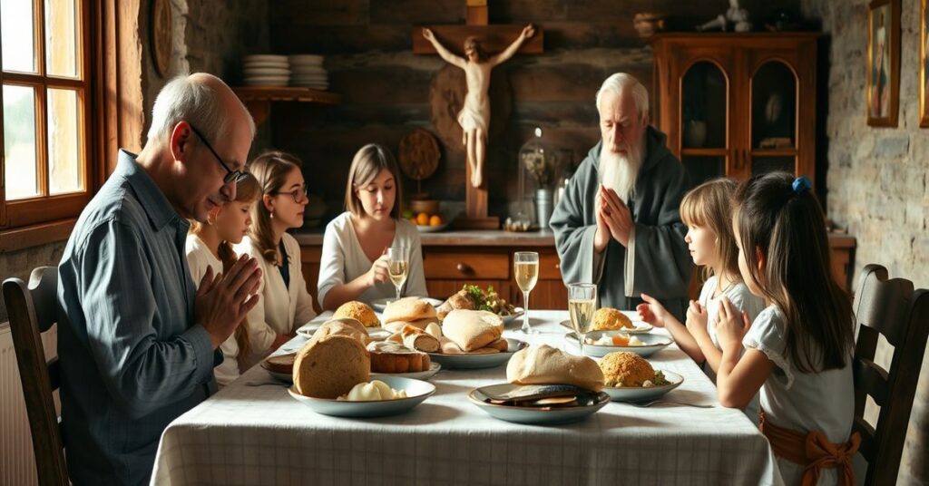 Pokorny posiłek katolickiej rodziny z modlitwą przed pokarmem