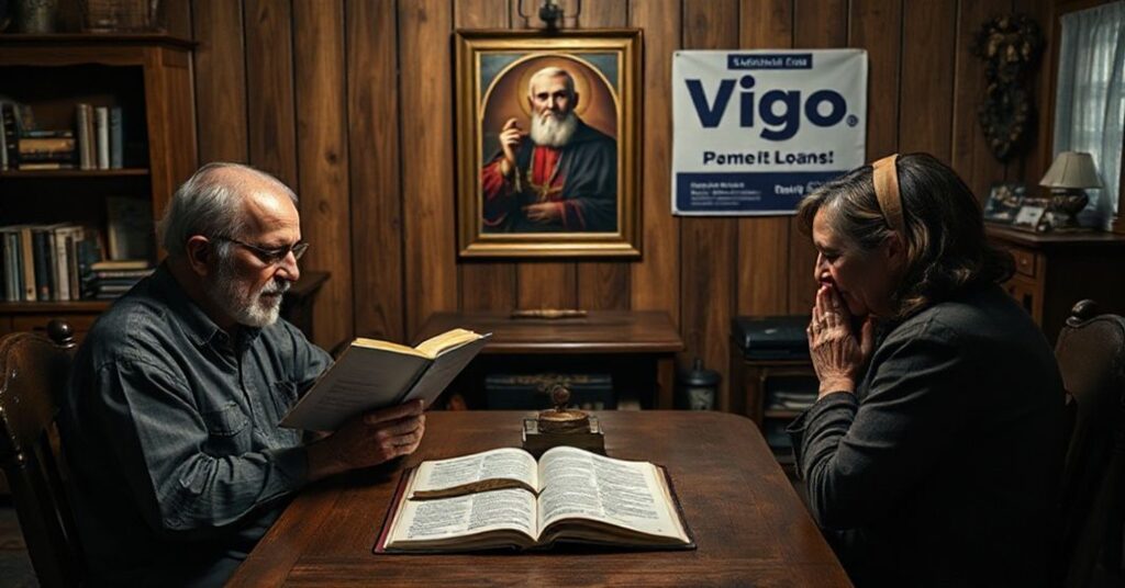 Rodzina katolicka modli się i dyskutuje nad remontem domu przy biblii