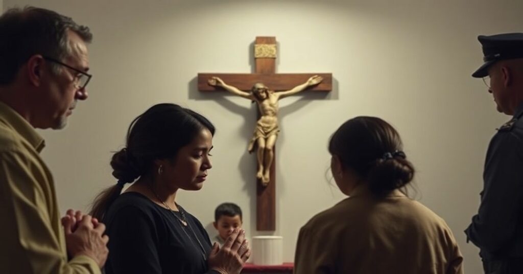 Rodzina katolicka modli się przed krzyżem na tle represji policyjnych w Kanadzie.