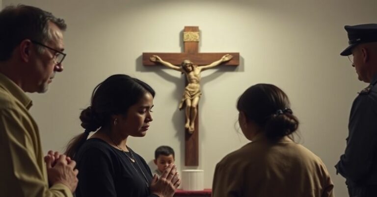 Rodzina katolicka modli się przed krzyżem na tle represji policyjnych w Kanadzie.