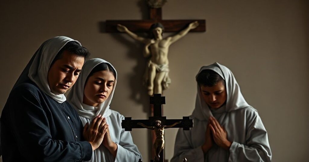 Tradycyjna katolicka rodzina w modlitwie przed krucyfiksem z cieniem kliniki surogacji na tle