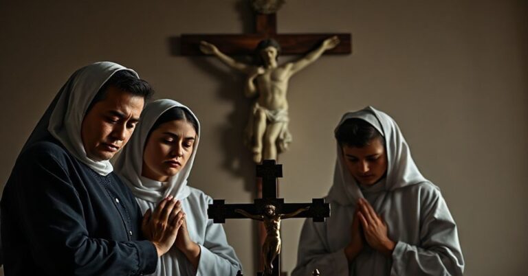 Tradycyjna katolicka rodzina w modlitwie przed krucyfiksem z cieniem kliniki surogacji na tle