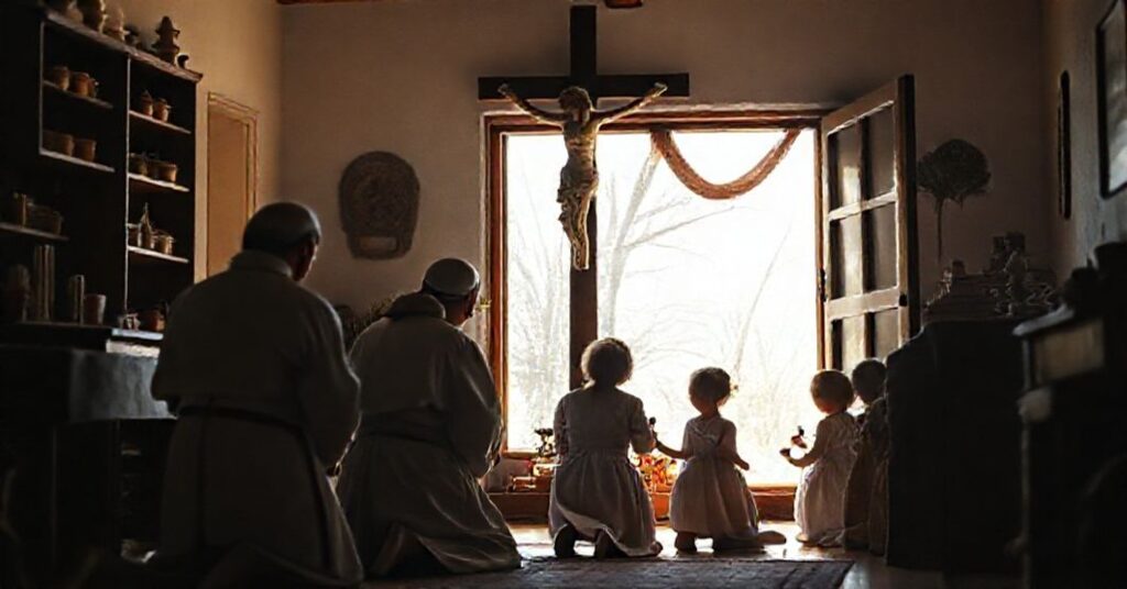 Kobieta w tradycyjnym stroju katolicznym modli się z dziećmi w pokojnym domu, symbolizując godność rodziny i wiary katolickiej.
