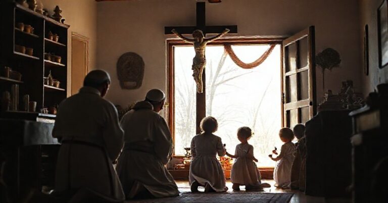 Kobieta w tradycyjnym stroju katolicznym modli się z dziećmi w pokojnym domu, symbolizując godność rodziny i wiary katolickiej.