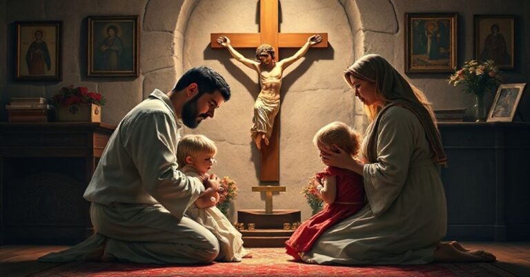 Parafia katolicka modli się przed krzyżem w tradycyjnym domowym otoczeniu