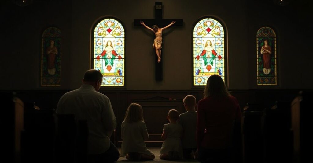 Zdjęcie tradycyjnej katolickiej rodziny modlącej się w ciemnym kościele przed krzyżem.