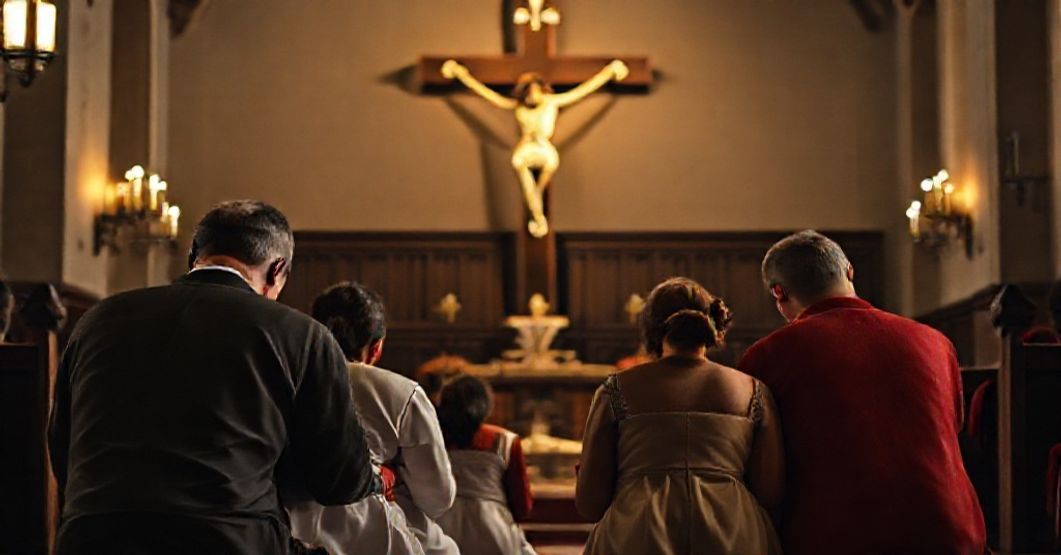 Kobieta z dziećmi modląca się przed krzyżem w tradycyjnym kościele katolickim w Kanadzie.