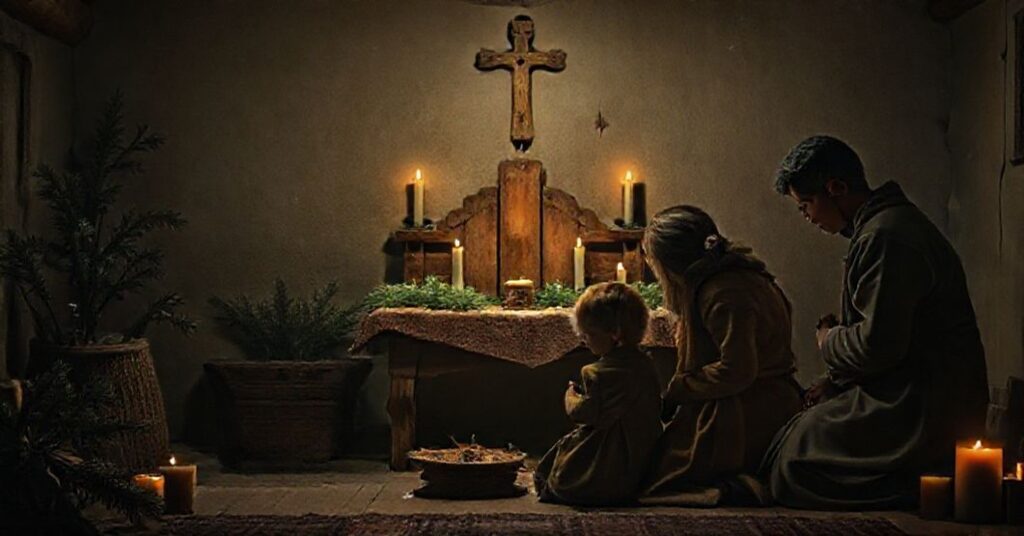 Tradycyjna rodzina katolicka modli się w pokoju przed ołtarzykiem z krzyżem w czasie zimy.