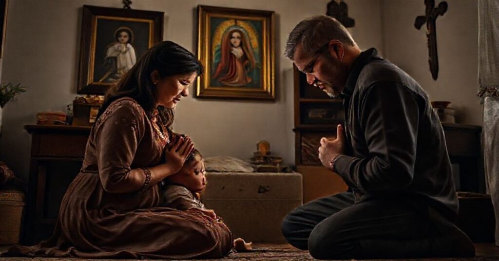 Tradycyjna katolicka rodzina modli się razem w pokojnej atmosferze domu, podkreślając świętość małżeństwa i prokreacji jako pierwotnego celu.