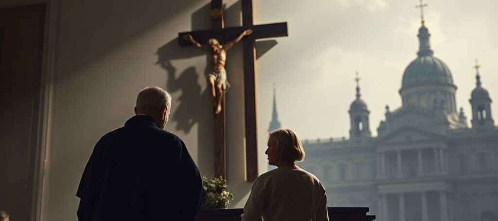 Obraz przedstawiający katolicką rodzinę w modlitwie przed krzyżem w tle budynków rządowych symbolizujących zadłużenie Skarbu Państwa