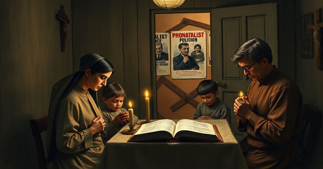 Tradycyjna katolicka rodzina modli się w prostym domu z krzyżem i Biblią, symbolizując głęboką wiarę i kontrast z nowoczesnymi politykami pronatalistycznymi.