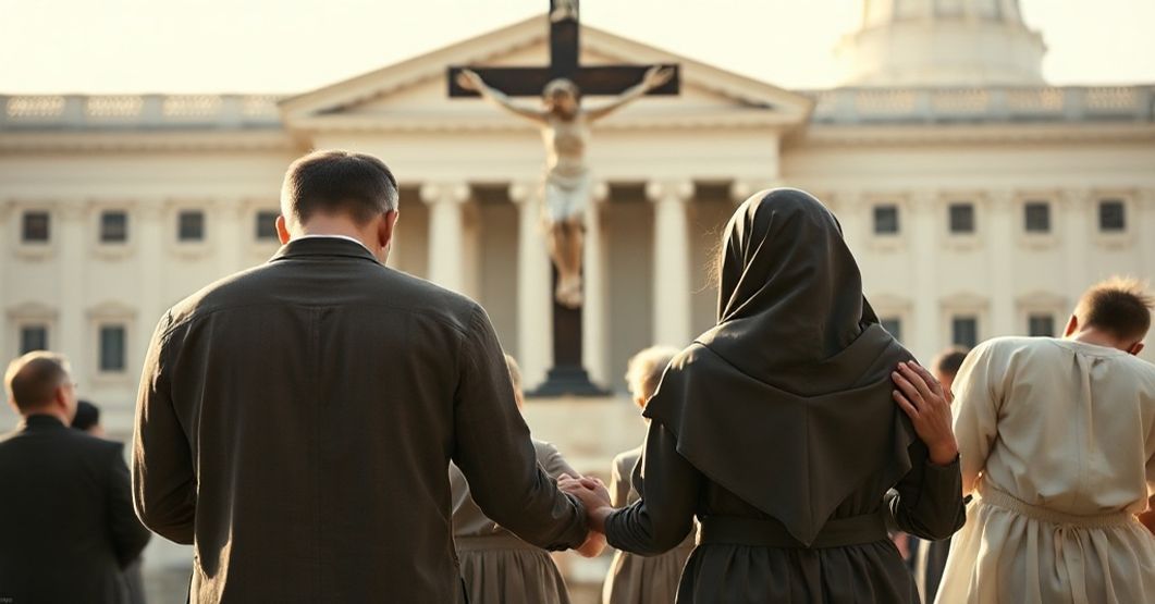 Rodzina katolicka modli się o ochronę przed ideologią gender Rodzina katolicka modli się przed krzyżem, z tłem Sądu Najwyższego USA, wyrażając troskę o moralny upadek społeczeństwa.