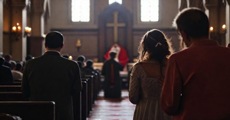 Tradycyjna katolicka rodzina modli się w ciemnym kościele z samotną matką i nieobecnym ojcem na tle, symbolizującym moralny upadek i prawnicze podejście ustawy Ashley Hinson.