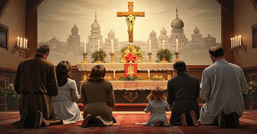 Rodzina katolicka modli się przed ołtarzem w obronie prawa naturalnego przeciwko ideologii gender w Massachusetts