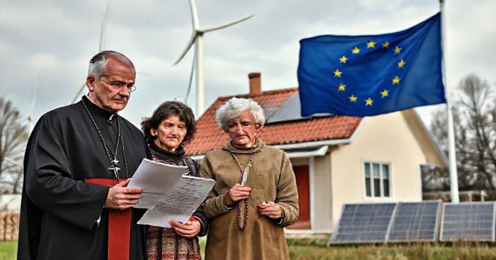 Polska rodzina modli się przed domem z dokumentem dyrektywy EPBD, symbolizując opór wobec antychrześcijańskich polityk Unii Europejskiej.