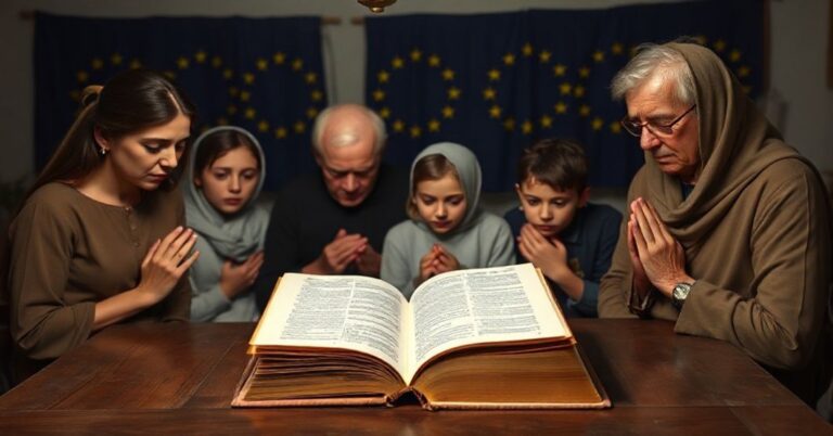 Tradycyjna katolicka rodzina modląca się razem w domowym wnętrze, z cieniowanymi flagami Unii Europejskiej w tle jako symbolu moralnego upadku.