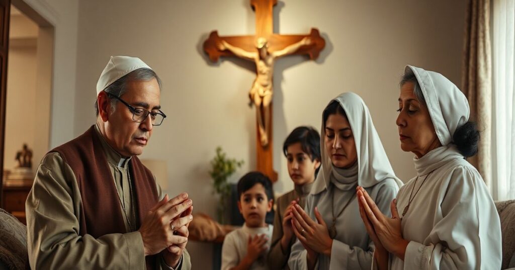 Tradycyjna katolicka rodzina w modlitewie w pokoju z krzyżem, symbolizując opór przeciw ingerencji państwa w źrodzinę
