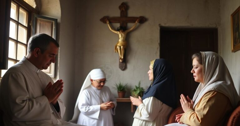 Rodzina katolicka modłąca się w tradycyjnym stroju w domu z krzyżem w tłu, symbolizująca chrześcijańską drogę do pokoju i bezpieczeństwa dla dzieci.