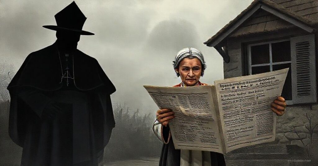 Rodzina katolicka w tradycyjnych ubiorach stoi przed domem, czując obawę przed nowymi podatkami UE na małe paczki z zagranicy.