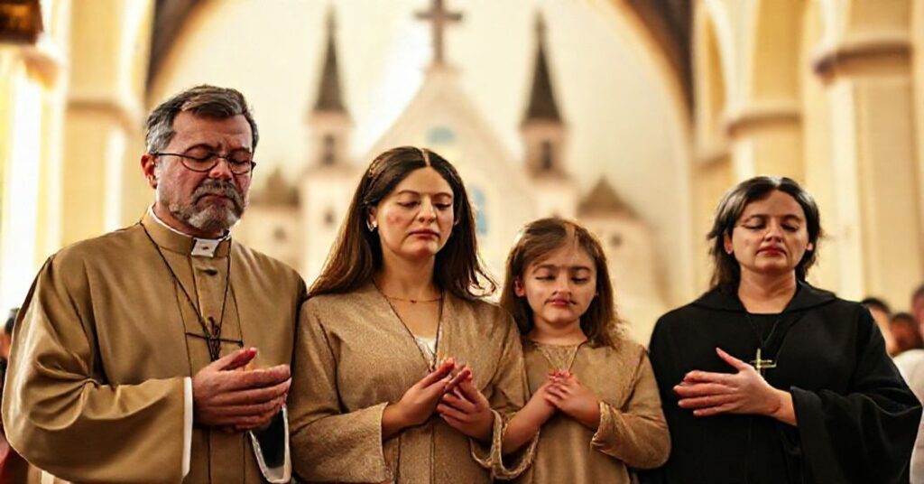 Rodzina katolicka modli się w tradycyjnym kościele europejskim, przeciwko ideologicznej krucjacie Brukseli