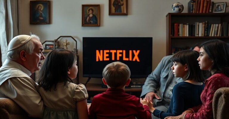 Kobieta w stroju tradycyjnym z dziećmi patrzą na telewizor z logo Netflixa, wyrażając obawę i smutek.