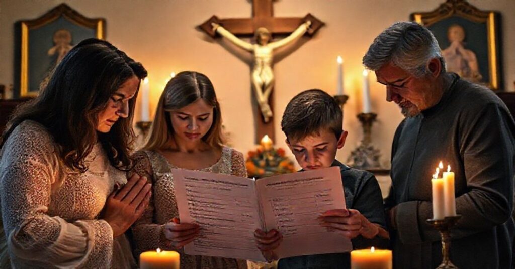 Rodzina katolicka w modlitwie przed krzyżem z dziwnym ankietą szkolną o płci i orientacji seksualnej