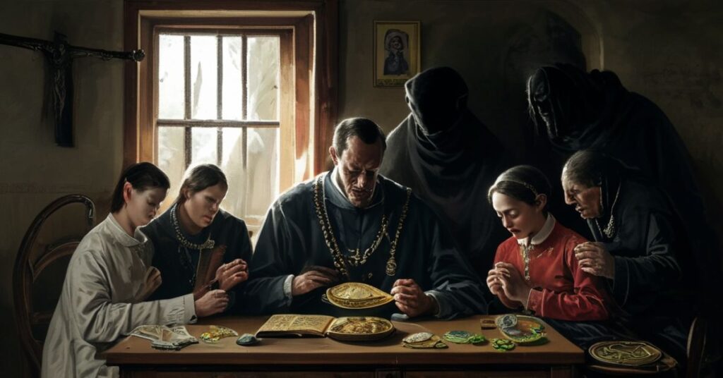 Tradycyjna katolicka rodzina modli się przed prostym stołem z jedzeniem, podczas gdy cień materializmu tkwi w tle.