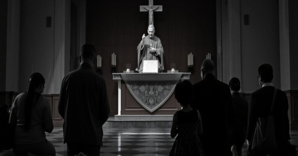 Pokłon katolickiej rodziny przed ołtarzem z czteroletnim dzieckiem trzymającym różaniec, w tle cień urzędnika z dokumentem 'Social Transition'. Scena przepełniona smutkiem i duchowym cierpieniem z powodu ideologii państwa.