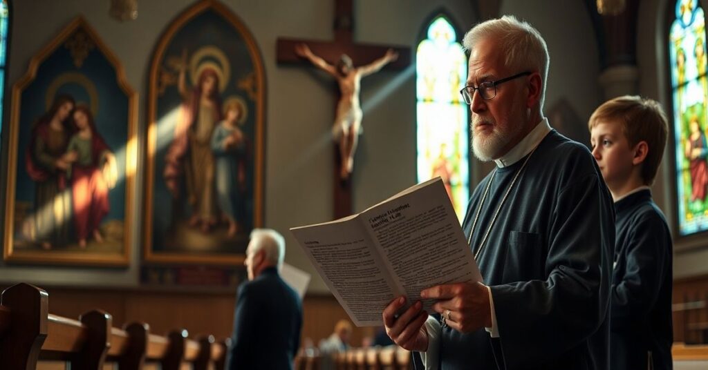 Rodzina katolicka modli się przed krzyżem w kościele, wyrażając zaniepokojenie kalifornijskimi ustawami medycznymi dotyczącymi autonomii nieletnich