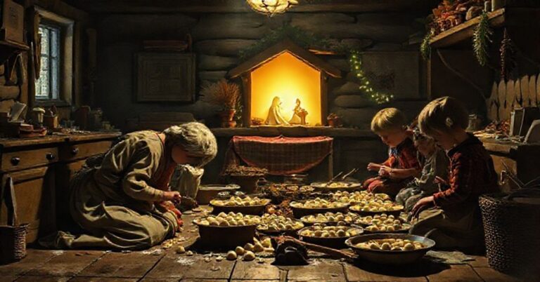 Tradycyjna katolicka rodzina przygotowuje pierogi i piernik na Boże Narodzenie w rustykalnej kuchni. Matka modli się na podłodze z powodu bólu pleców.