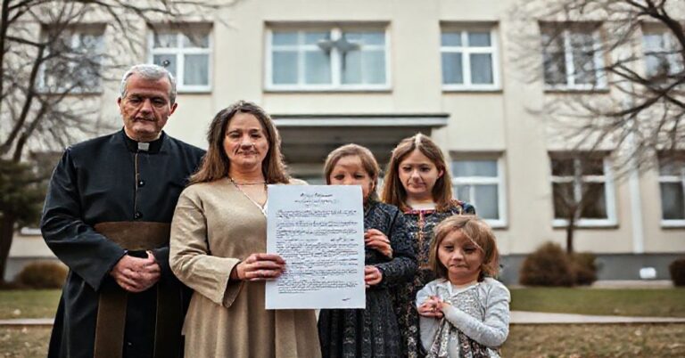 Rodzina katolicka stoi przed szkołą w Warszawie z listem rezygnacji z edukacji zdrowotnej