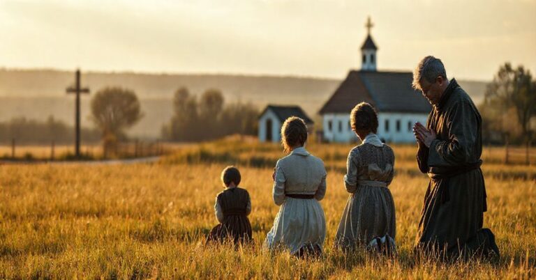 Tradycyjna katolicka rodzina rolnicza modli się przy krzyżu polowym na tle wiejskiego krajobrazu