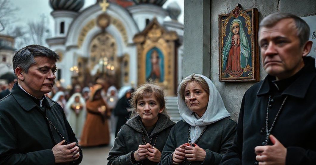 Zmieszana rodzina katolicka przed cerkwią prawosławną w Rosji, trzymająca różańce z obawą na twarzach.