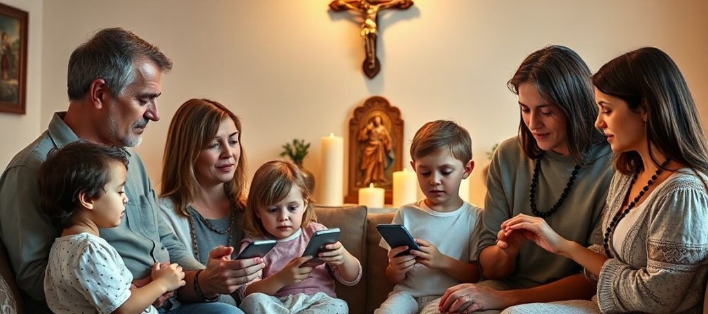 Tradycyjna katolicka rodzina modląca się różańcem w swoich domowych warunkach z krzyżem na ścianie i dzieckiem kładącym telefon