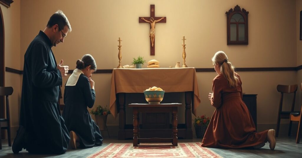 Tradycyjna katolicka rodzina modli się przed ołtarzem z krzyżem i naleśnikami w czasie Środy Popielcowej, podkreślając głębszy duchowy sens pokuty i przygotowania do Wielkiego Postu.