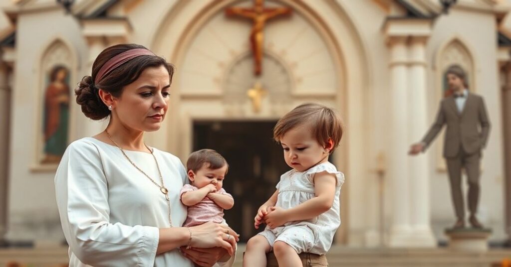 Tradycyjna rodzina katolicka stojąca przed kościołem, z dzieckiem patrzącym na fałszywe przedstawienie homoseksualnego 'rodzicielstwa'