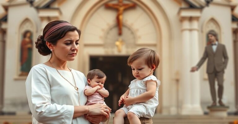 Tradycyjna rodzina katolicka stojąca przed kościołem, z dzieckiem patrzącym na fałszywe przedstawienie homoseksualnego 'rodzicielstwa'