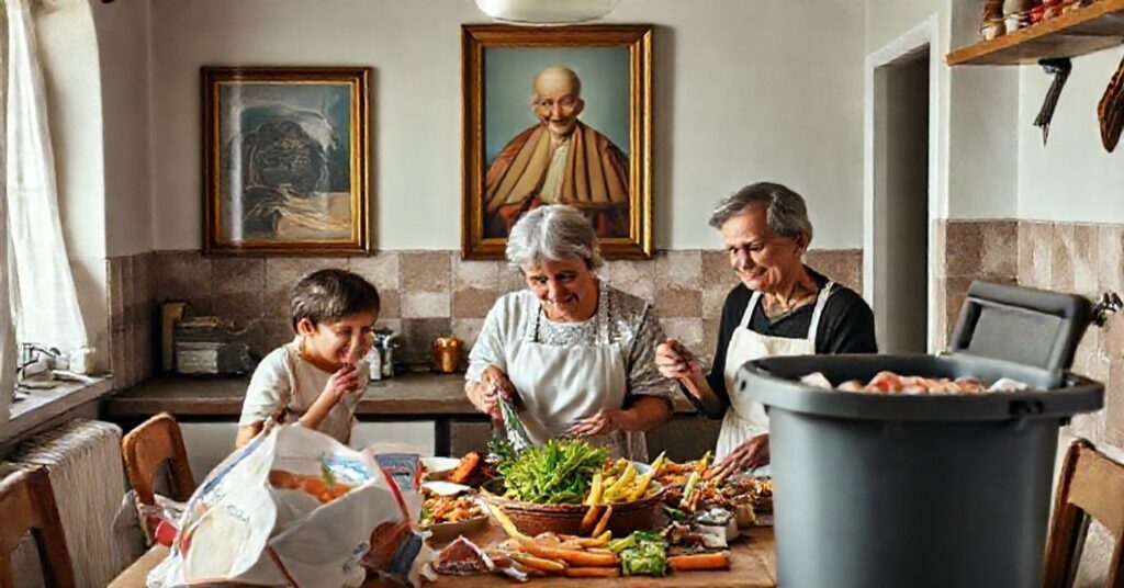 Tradycyjna katolicka rodzina gotuje zdrową żywność w domu z portretem Piusa XII w tle.